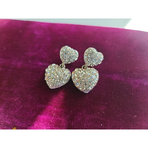 Vintage Rhinestone Heart Shaped Dangling Pierced Earrings - Picture 8 of 10